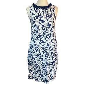 NWT Boden | Navy Blue & White Paisley Floral Pop-Pom Sheath Midi Dress Size 4